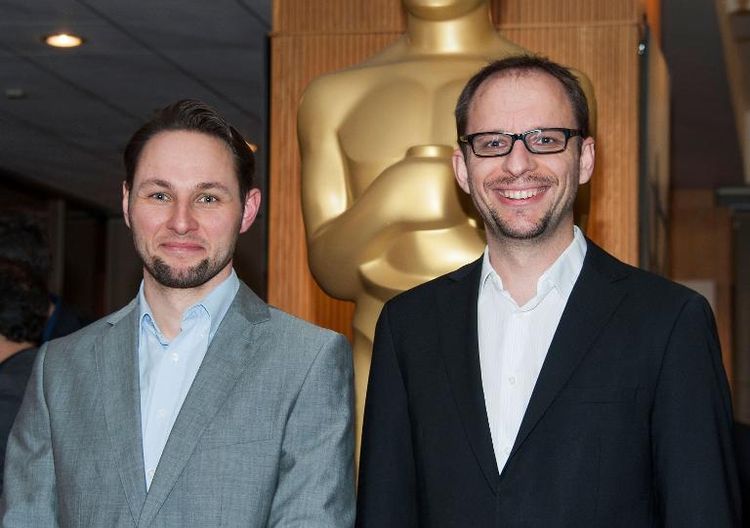 Alexandre Espigares et Laurent Witz le 25 février 2014 à Beverly Hills (Photo Valerie Macon. AFP)