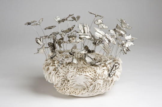 Butterfly Garden, Katharine Morling – porcelain, black stain and wire