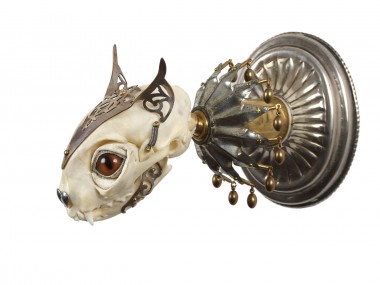 Jessica Joslin – Cat – Antique brass hardware and findings, silver filigree cut-work, bone, steel, beads, glove leather, glass eyes