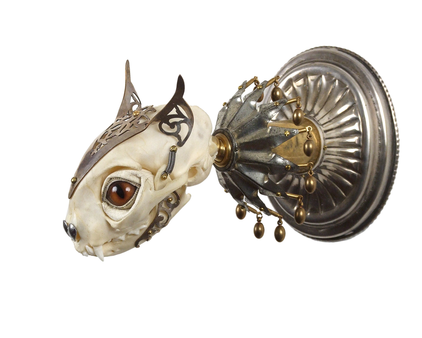 Jessica Joslin – Cat – Antique brass hardware and findings, silver filigree cut-work, bone, steel, beads, glove leather, glass eyes