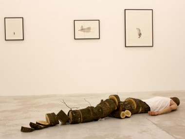 Fabien Mérelle – Sculpture : Tronçonné – 2012 – Silicone, hair, fabric, wood, 2 M