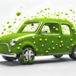 Little ecologic car covered with green flowers grass texture charging on a modern electric plug. White background.