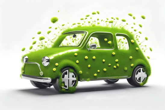 Little ecologic car covered with green flowers grass texture charging on a modern electric plug. White background.