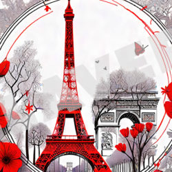 Paris, Tour Eiffel – Arc de triomphe dans un rond floral, graphic illustration