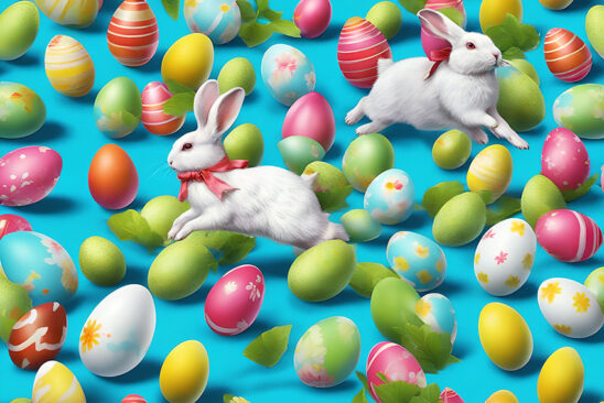 Background bunny runs after Easter eggs. Colored and decorated Easter eggs. Card, banner - Commercial & Editorial events. Free image download.