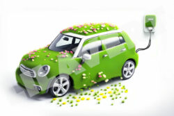 Little ecologic car covered with green grass texture charging on a modern electric plug. White background.
