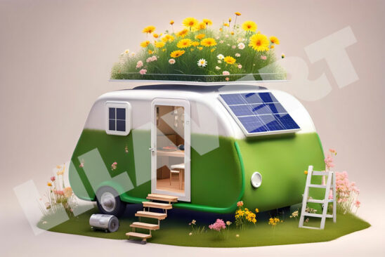 Green home - Camping car with solar panels. Green energy concept with environment roadsign showing alternative to CO2 and pollution