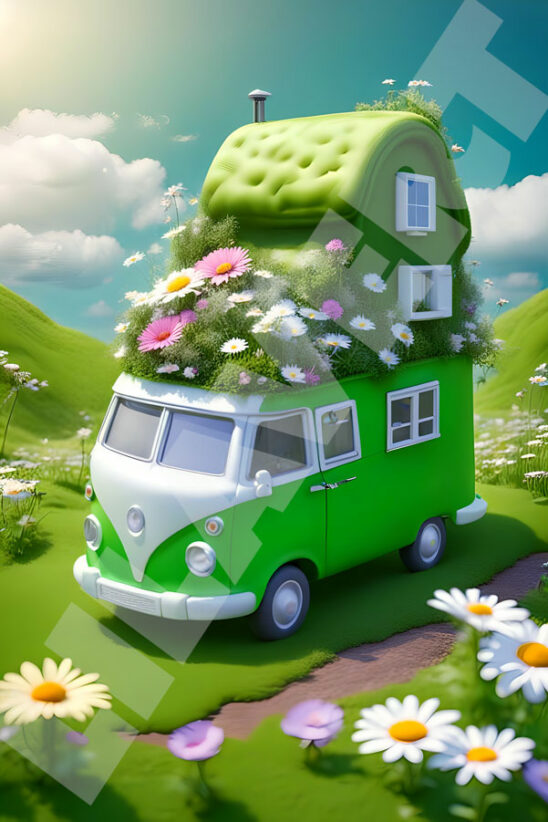Green home house - Camping car - Green energy concept. Eco holiday concept.
