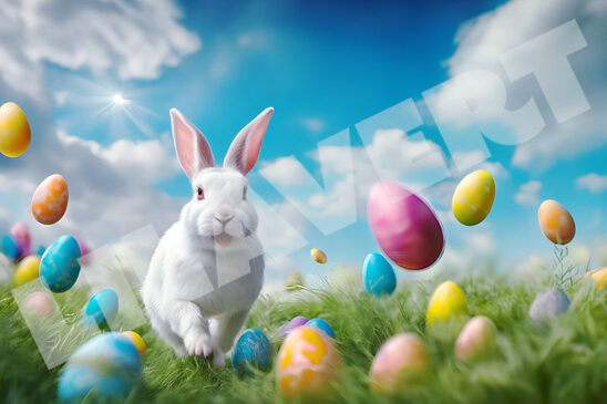White rabbit runs after Easter eggs flying in the blue sky of a meadow. Colored and decorated Easter eggs. Card, banner - Commercial events.Free download