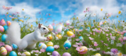 White squirrel with colored and decorated Easter eggs. Card, banner - Commercial events. Free download