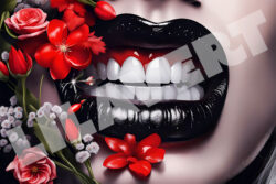 Woman black graphic lips - Red flowers, Roses. Rock digital illustration - Trash, Hard Rock - Editorial; events, commercial, poster… - Free download stock