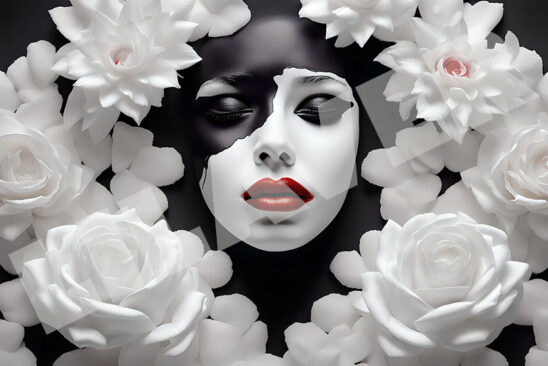 Femme visage entouré de fleurs; Red lips - Noir et blanc - Free photos stock