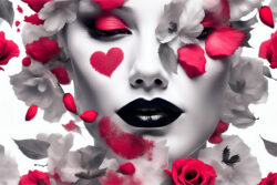 Portrait of beautiful woman with flowers and red heart drawn on the cheek, roses petals - Free photos stock / Make-up, Saint-Valentin, Perfume, Mode, Fashion Model - Black and white