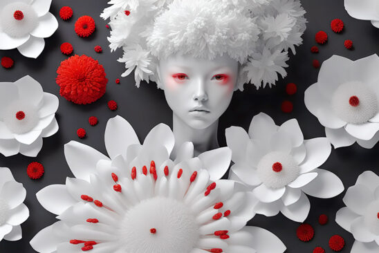 Floral japanese woman digital illustration, hyper realist - Red flowers. Poppies. Black background. Mode, luxe, perfume. Edition, commercial, book cover - Free download