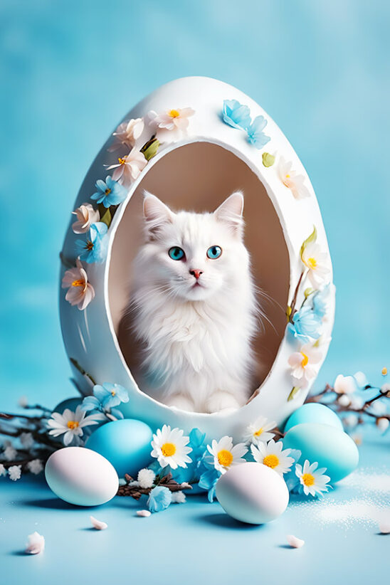 White cat in an Easter egg and spring colored flowers. Background blue