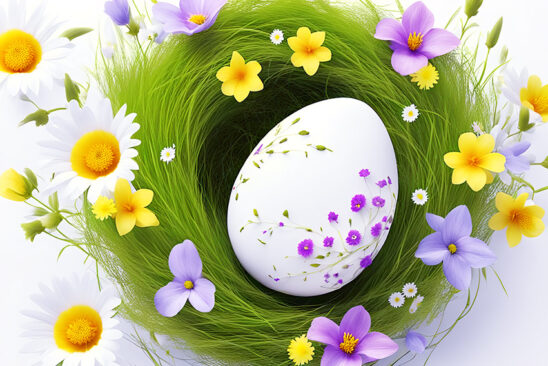 Easter eggs decorated on green grass with spring flowers on white background