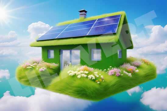 Maison écologique avec panneaux solaire / Ecologic house concept with garden flowers and solar panels on the roof. Rooftop with solar cells, green grass front. Free download.