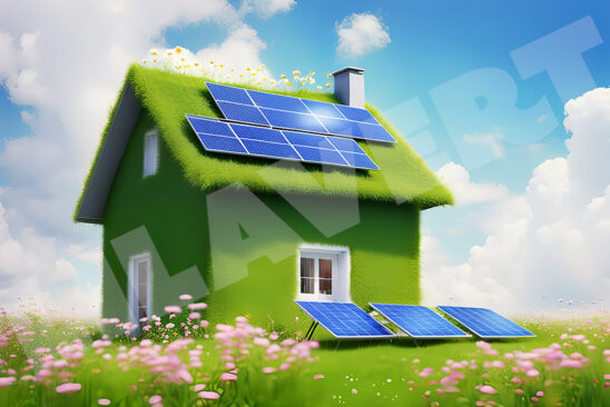 Ecologic house concept with garden flowers and solar panels on the roof. Rooftop with solar cells, green grass front.