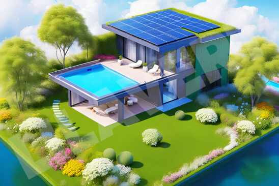 Maison écologique moderne avec panneaux solaire / Ecologic house concept with garden flowers and solar panels on the roof. Rooftop with solar cells, green grass front. Free download.