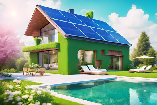 Ecologic modern house concept with garden flowers and solar panels on the roof. Rooftop with solar cells, green grass front.