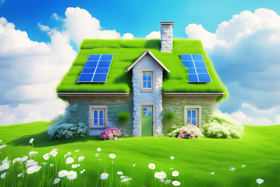 Ecologic house concept with garden flowers and solar panels on the roof. Rooftop with solar cells, green grass front.