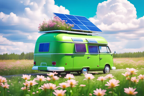 Green home - Camping car with solar panels. Green energy concept with environment roadsign showing alternative to CO2 and pollution. Eco holiday concept.- Free donwload