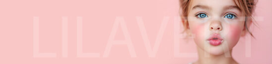 Banner of a cute little girl with big blue eyes blowing a kiss or message isolated on a light pink background. Free photo stock.
