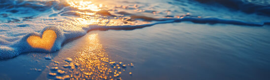 Banner of a romantic seashore with heart waves on the beach at sunset. Copy space. Banner.