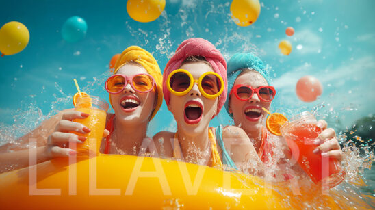 Close-up of three girls laughing on vacation, wearing brightly colored glasses, having fun on a yellow inflatable with orange juice in their hands. Balloons float in the blue sky.