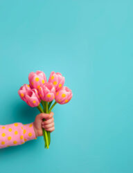 Close-up of a child&rsquo;s hand holding a bouquet of pink tulips with yellow dots