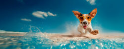 Banner happy dog running on a sandy beach