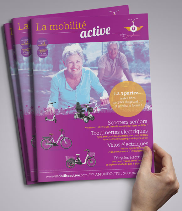 Catalogue print, création graphiste freelance - seniors vélos, scooters, trottinette